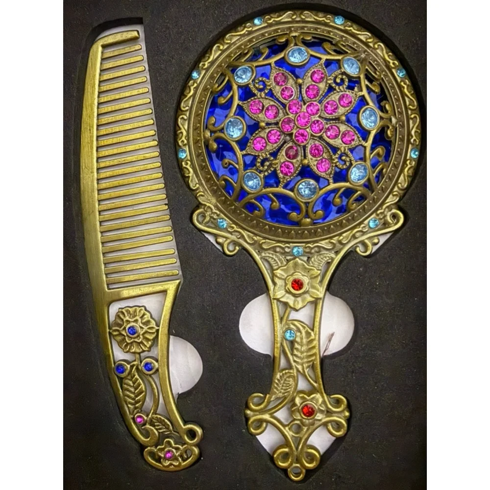 Unique Vintage-Style Jewel Encrusted Hand Makeup Mirror and Comb Set